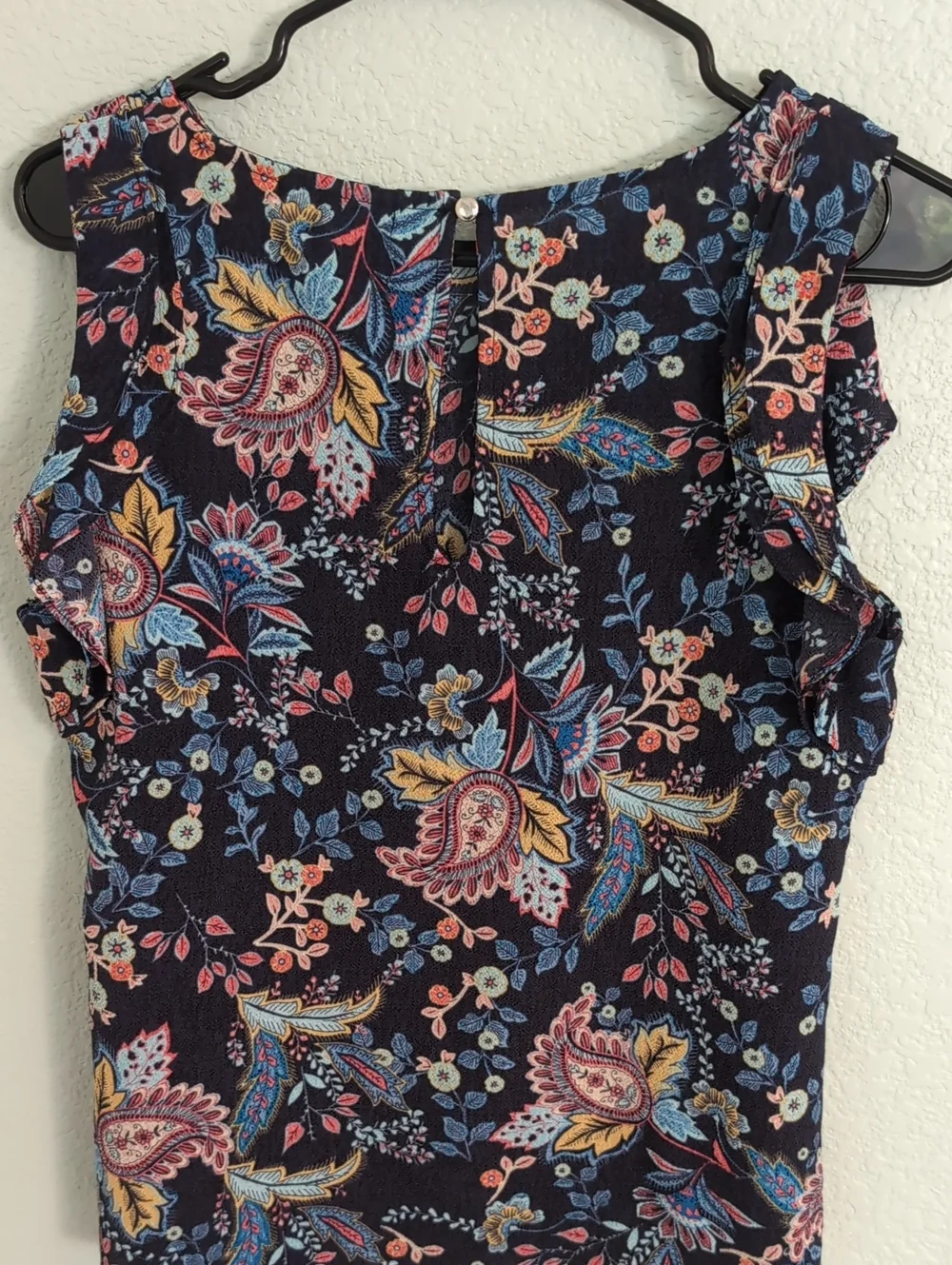 Label Floral Paisley Navy Sleeveless Ruffle Top